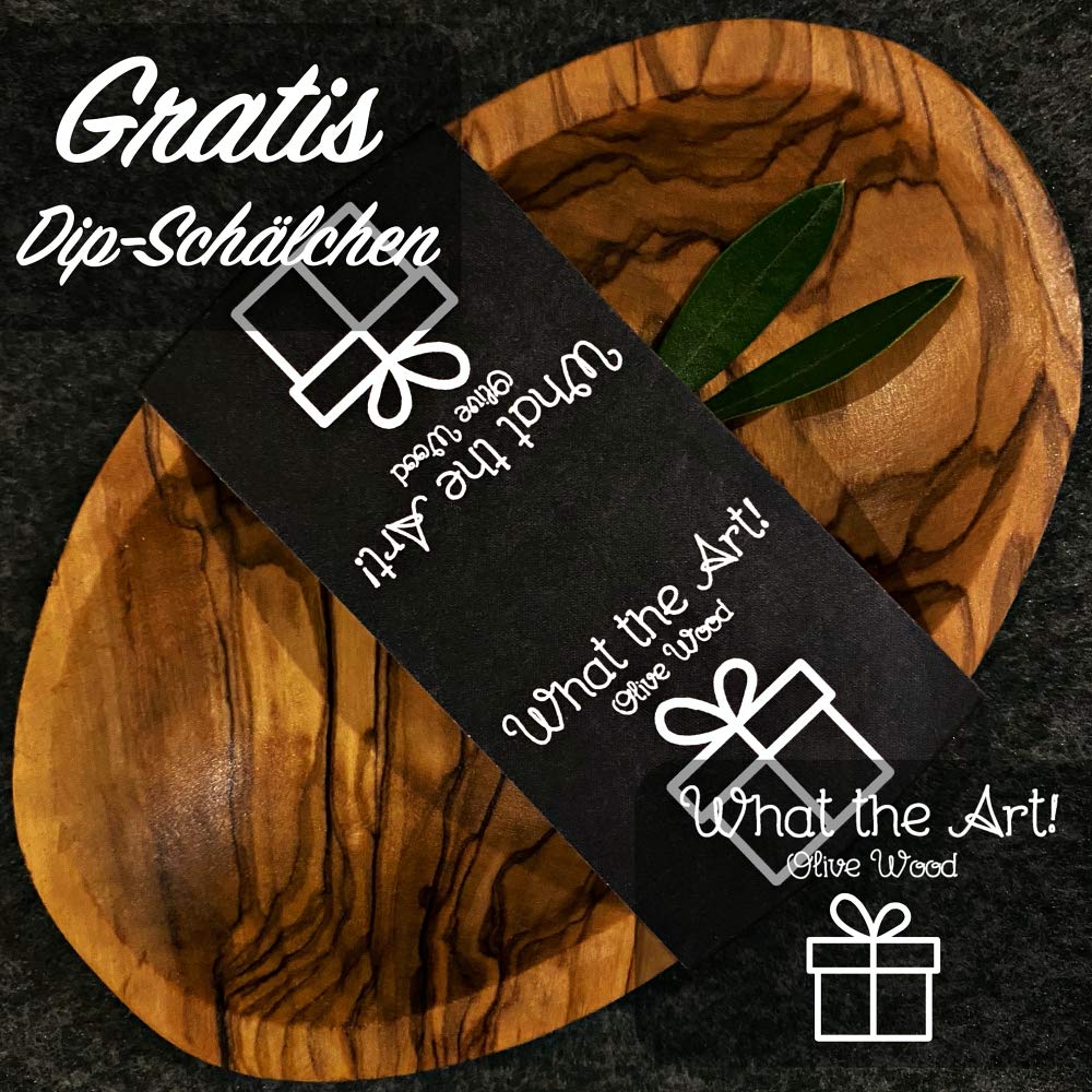 What the Art!® Olive Wood «Karo» L | Tagliere in legno d'ulivo + ciotola per salse + regalo | 35 x 16 x 2 cm