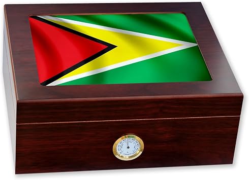 Premium Desktop Humidor - Glass Top - Flag of Guyana Guyanese - Waves Design - Cedar lined with humidifier & front mounted hygrometer.