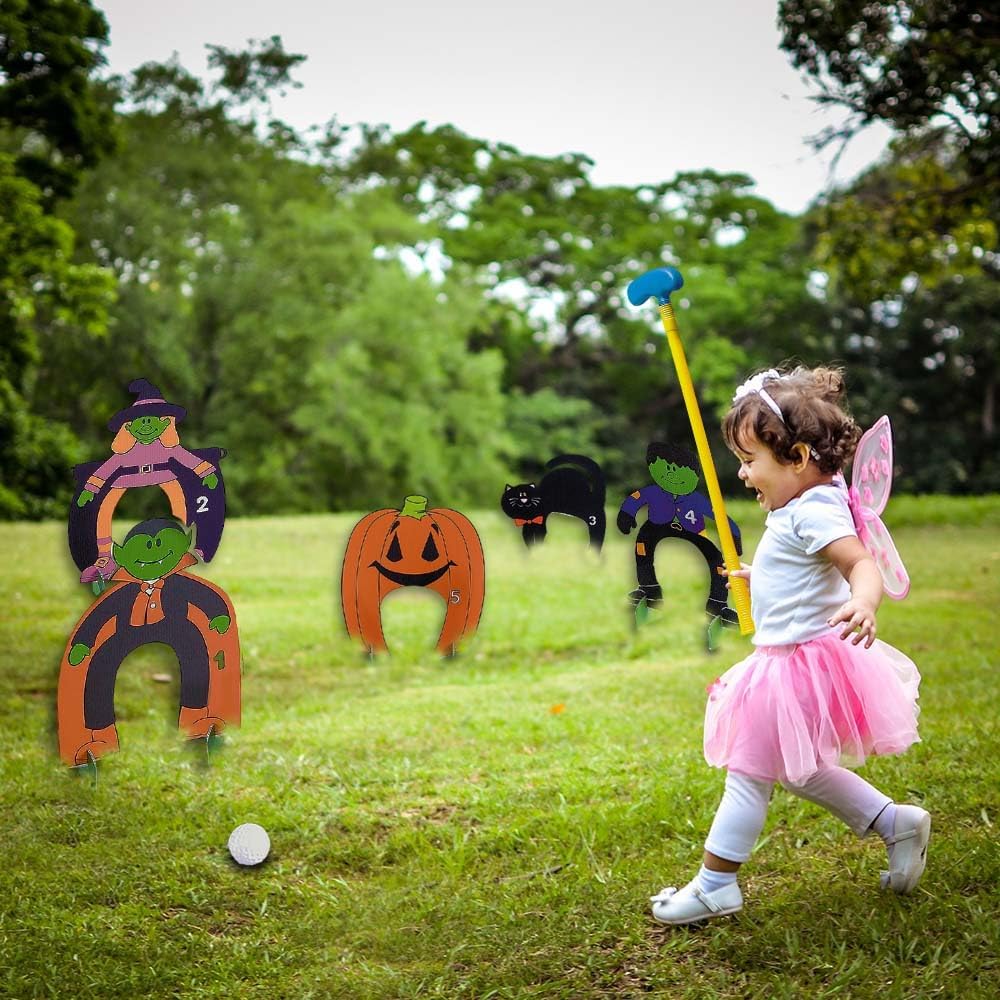 Fun Express Halloween Mini Golf Set for Kids Complete 26-Piece Party Game with 4 Clubs, Balls & Spooky Markers | Indoor Outdoor Halloween Activities for Trunk or Treat, Fall Festival & Carnival Games