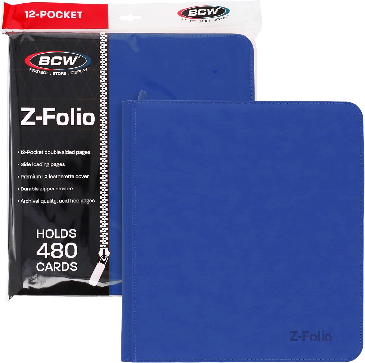 BCW Z-Folio LX Zipper Portfolio - Premium Blue Leatherette 12-Pocket Playset Album - Secure Zipper - 480 Card Capacity - Card Collector's Dream - Card Organizer - Trading Card Storage