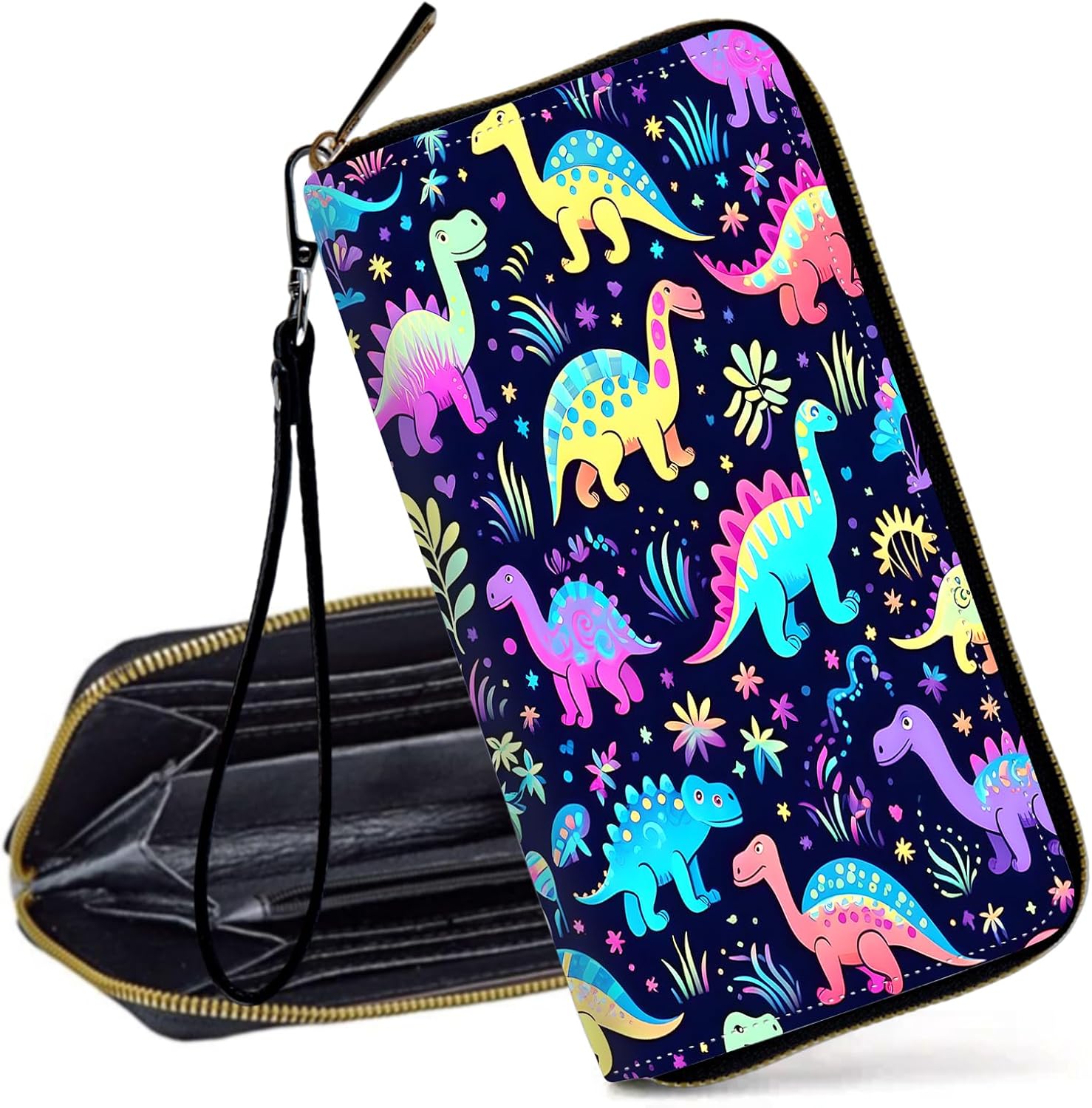 RFID Blocking Wristlet Wallet for Women, Slim PU Leather Clutch Purse with Zipper, Small Credit Card Holder with Wrist Strap, Travel Zip Wallet for Ladies,Cute Dinosaurs