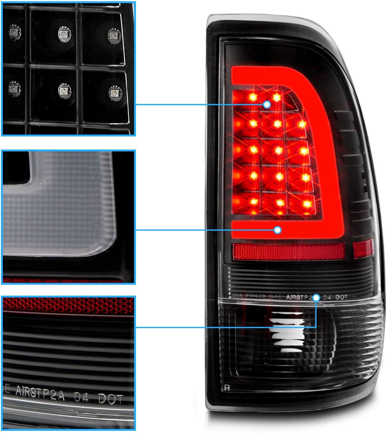 AmeriLite for 1997-2003 Ford F150 99-2007 F250 F350 SuperDuty C-Type LED Tube Crystal Black Tail Lights Brake Lamps Pair - Driver and Passenger Side