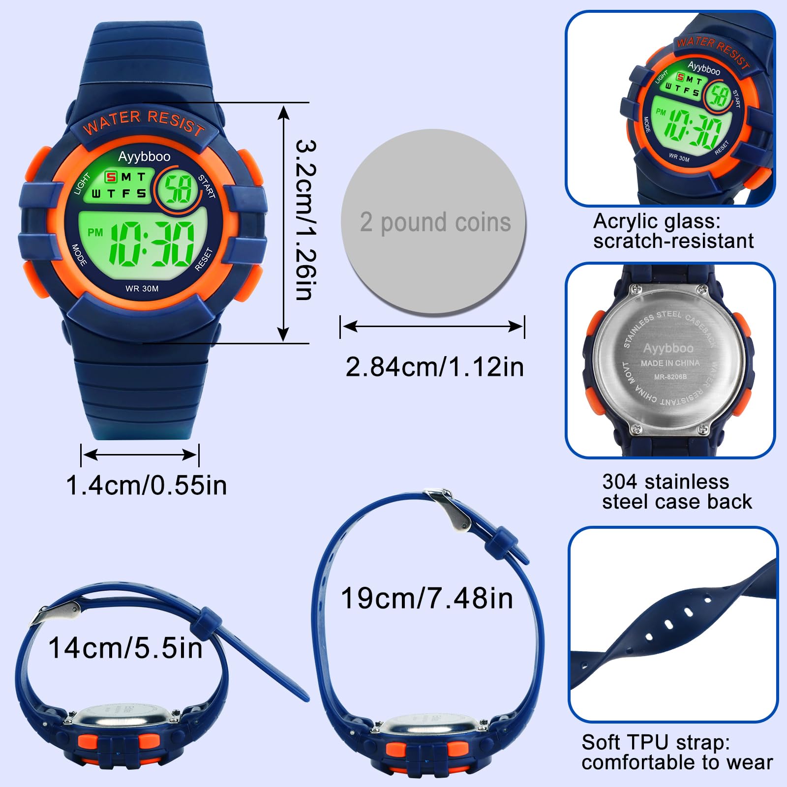 Reloj Niño Digital Infantil con 7 Luces LED,Impermeable 3 ATM, Alarma,Fecha,Cronómetro,Reloj Deportivo de Pulsera para Niñas y Niños,Regalo Ideal