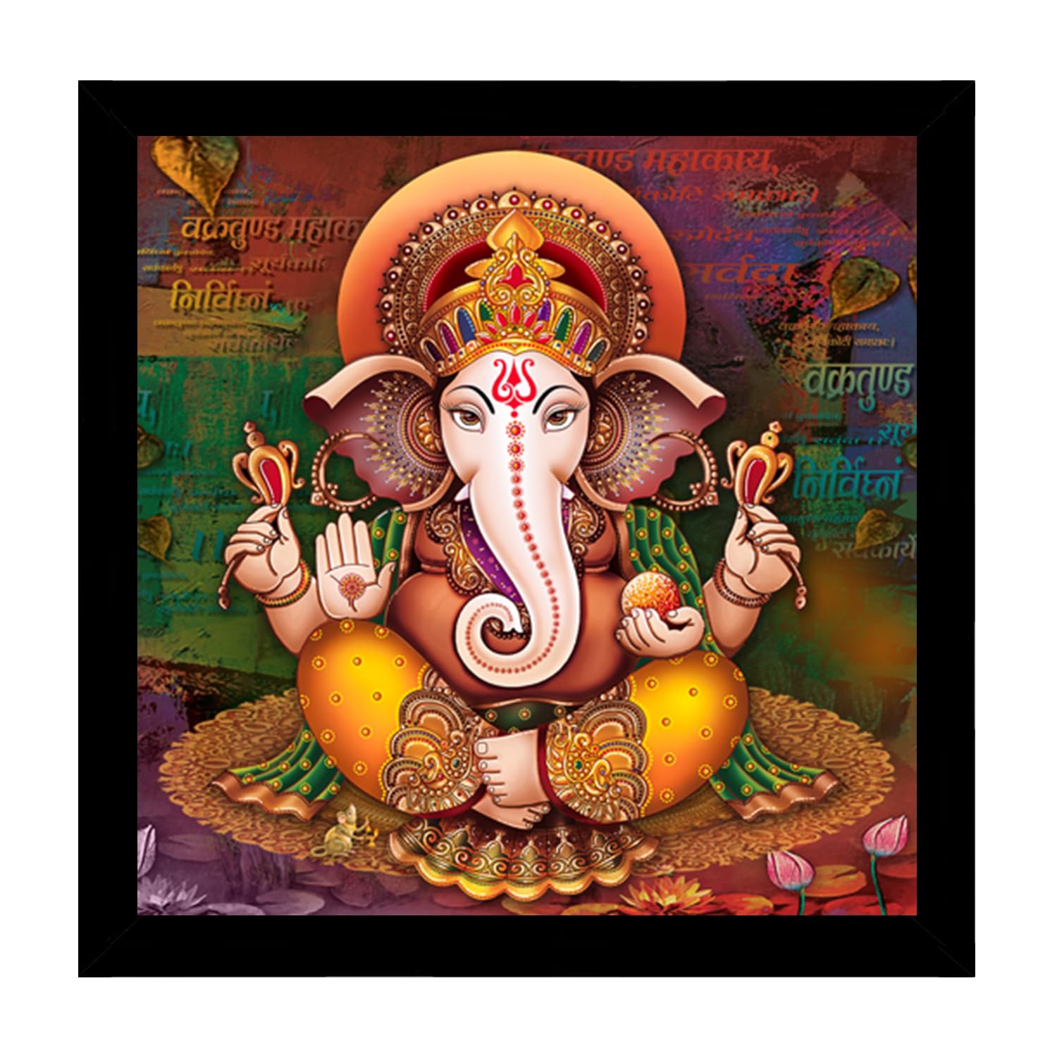 Dharvika Innovations Premium Sparkle Lamination Ganapati Ganesh Ganesha paintings for living room with Black Frame 14x14 Inch Without Glass 1003