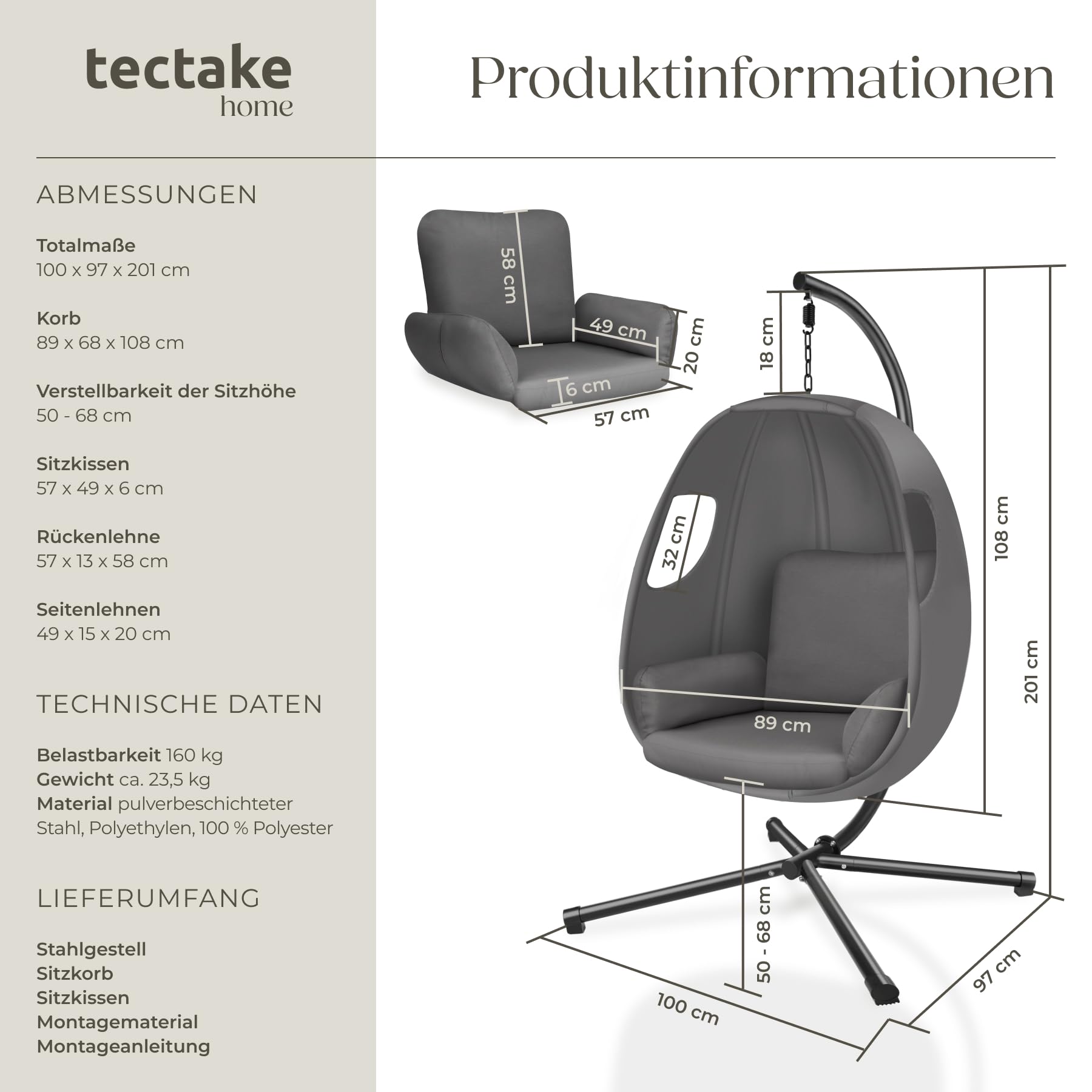 tectake® Hängesessel mit Gestell, Indoor oder Outdoor, Schaukel Sessel mit Kissen + Rückenkissen, Schaukelstuhl, Hängestuhl. Möbel für Wohnzimmer, Schlafzimmer, Balkonmöbel, bis 160kg (anthrazit)