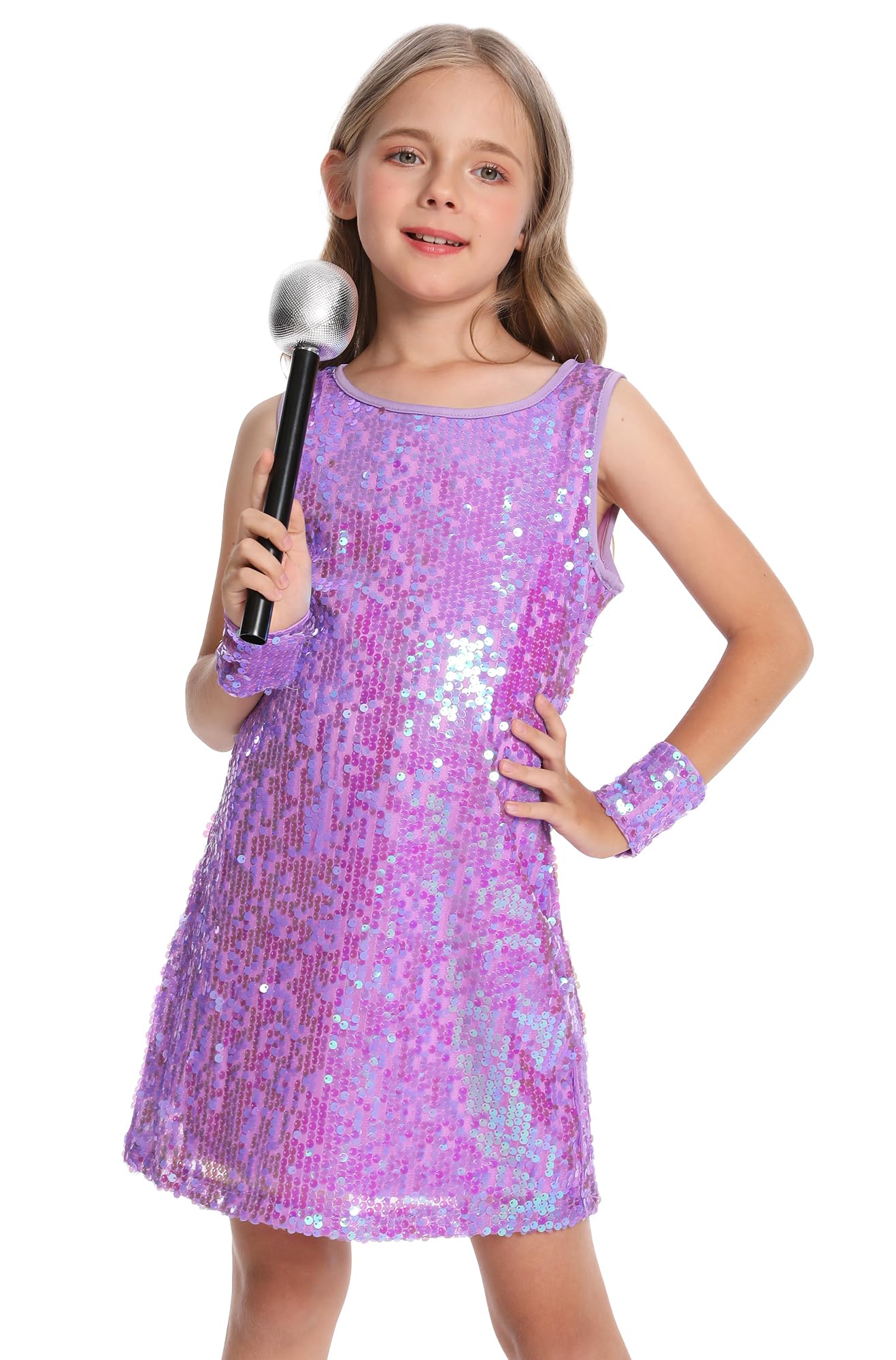 SEAUR Costume de Danse de Paillettes de Filles avec Microphone Vêtements de Danse Hip Hop Jazz Costumes de Scène Brillants 5-13 Ans