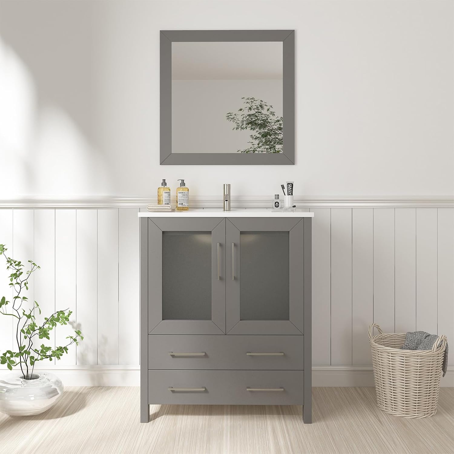 Vanity Art 30 Inch Under Mount Single Sink Bathroom Vanity Cabinet with 1 Mirror, Ceramic Top Bathroom Cabinet Compact Set with 2 Dovetail Storage Drawers and Brushed Nickel Handles, VA3030-G