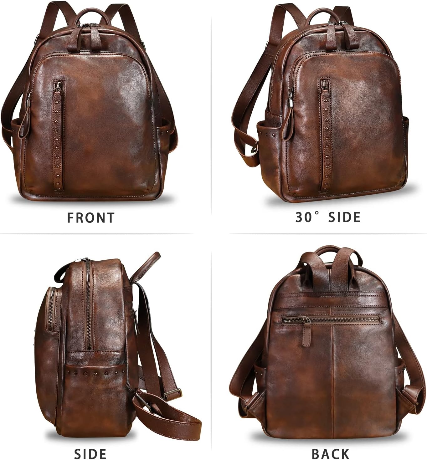 Genuine Leather Backpack Purse for Women Vintage Casual Daypack College Bag Handmade Cowhide Western Rivets Rucksack (Coffee) - Image 5