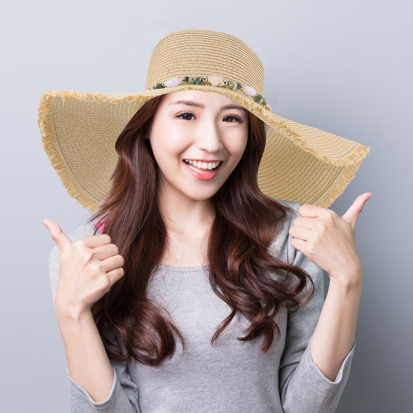 Sombrero de Paja para Mujer ala Ancha Beige Transpirable y Ligero Sombrero de Playa con Flecos Protección Solar UV Adecuado para Vacaciones y Uso al Aire Libre