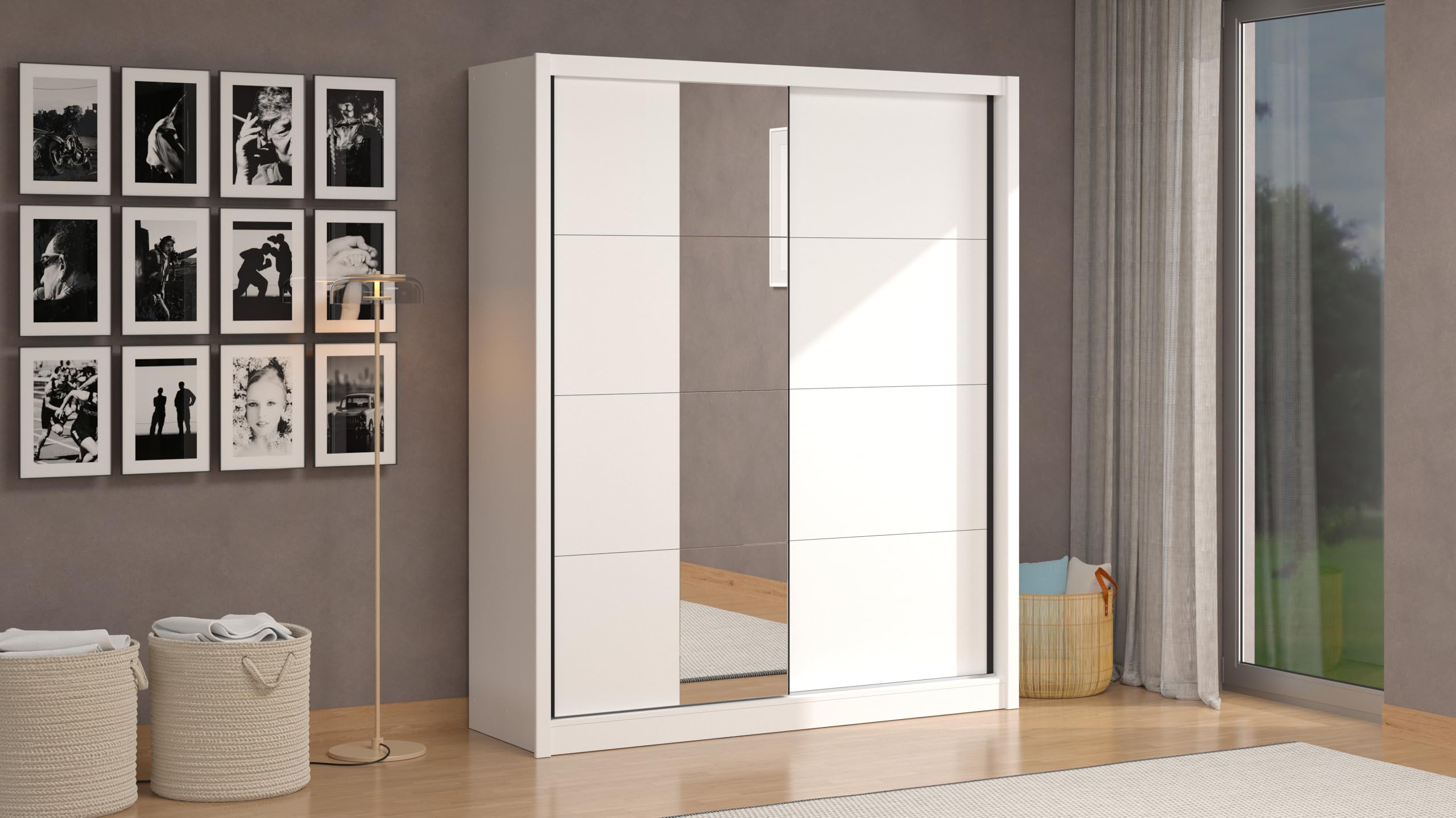 Arredo Stock Armadio moderno in MDF bianco 2 ante scorrevoli con specchio 180X59,8X215,5 cm