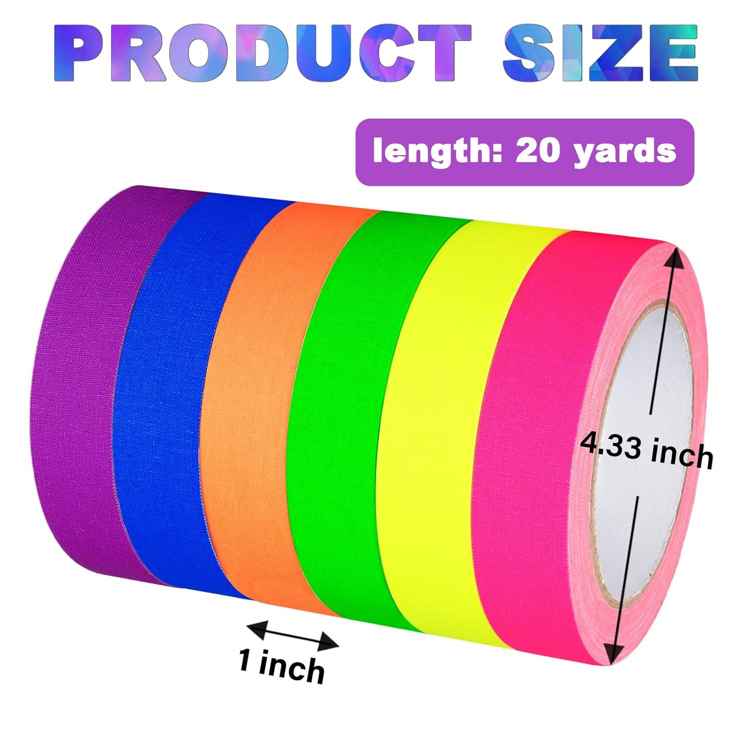 GEYYANG 6-Pack Spike Tape 1 inch x 20 Yards, Neon Fluorescent Gaffer Tape 6 Bright Colors, Multipurpose for Theater Stage Floors Pinstripe and Marking