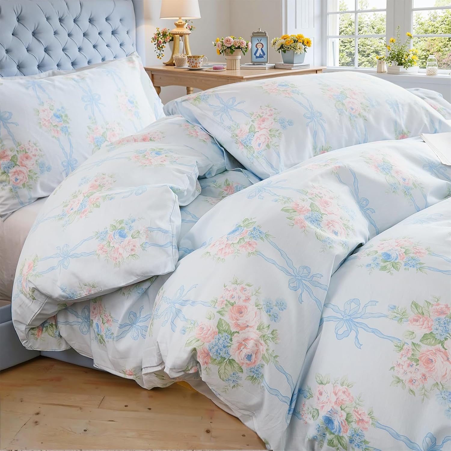 100% Cotton Duvet Cover Queen Size Soft Cotton Chic Shabby Garden Blue Floral Bedding Set with 2 Pillowcases Vintage Soft&Breathable Comforter Cover Set with Zipper Closure
