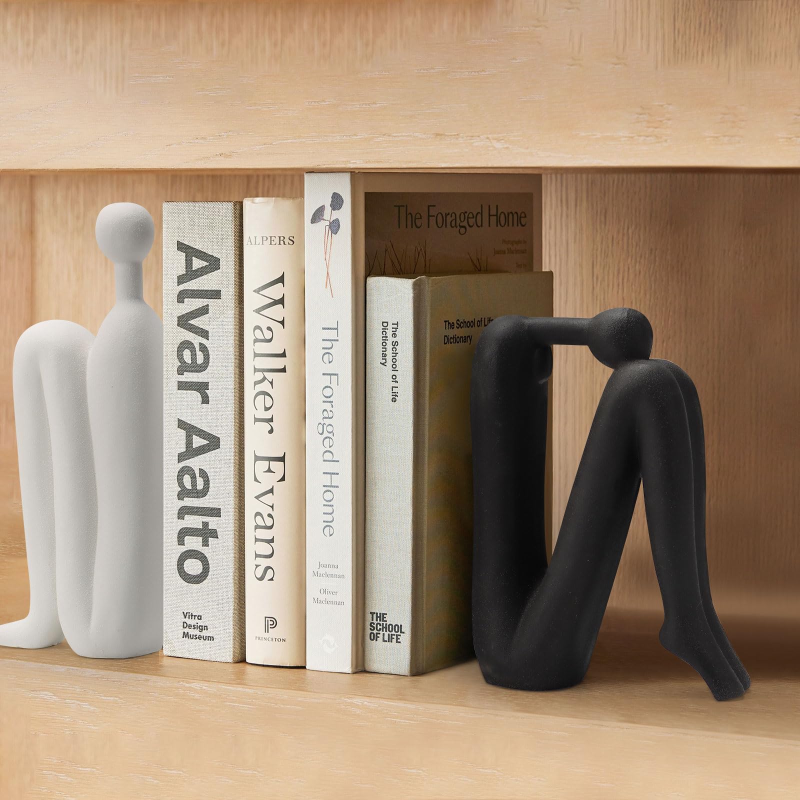 Fermalibri decorativi in ceramica per mensole, pensatore moderno, 1 paio, design ispirato in bianco e nero, supporto per libri, decorazione per casa, ufficio, biblioteca (25 cm e 1,4 kg)