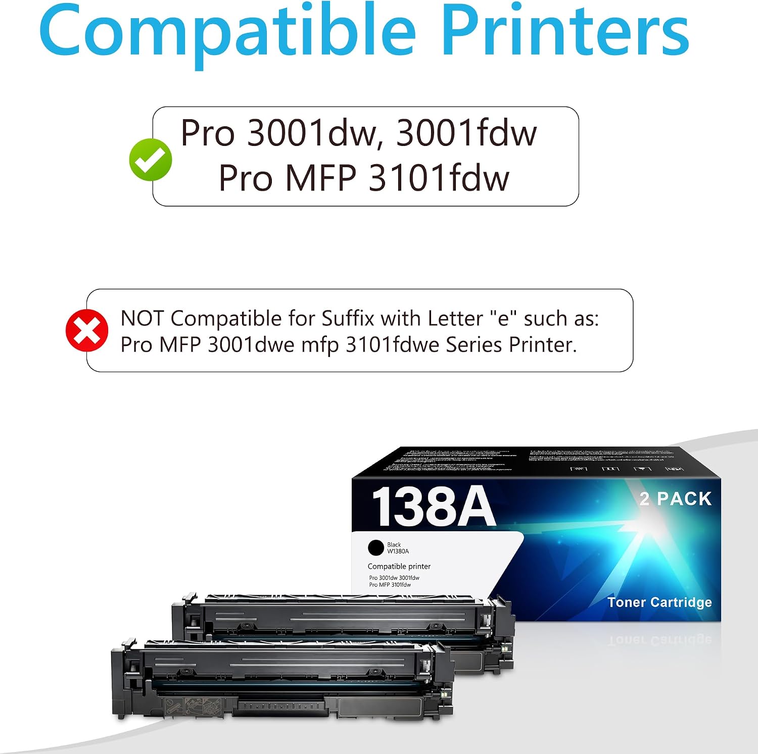 138A Black Toner Cartridge Set 2 Pack(with Chip) Replacement for HP 138A W1380A Works with Pro 3001dw 3001fdw Pro MFP 3101fdw Printer