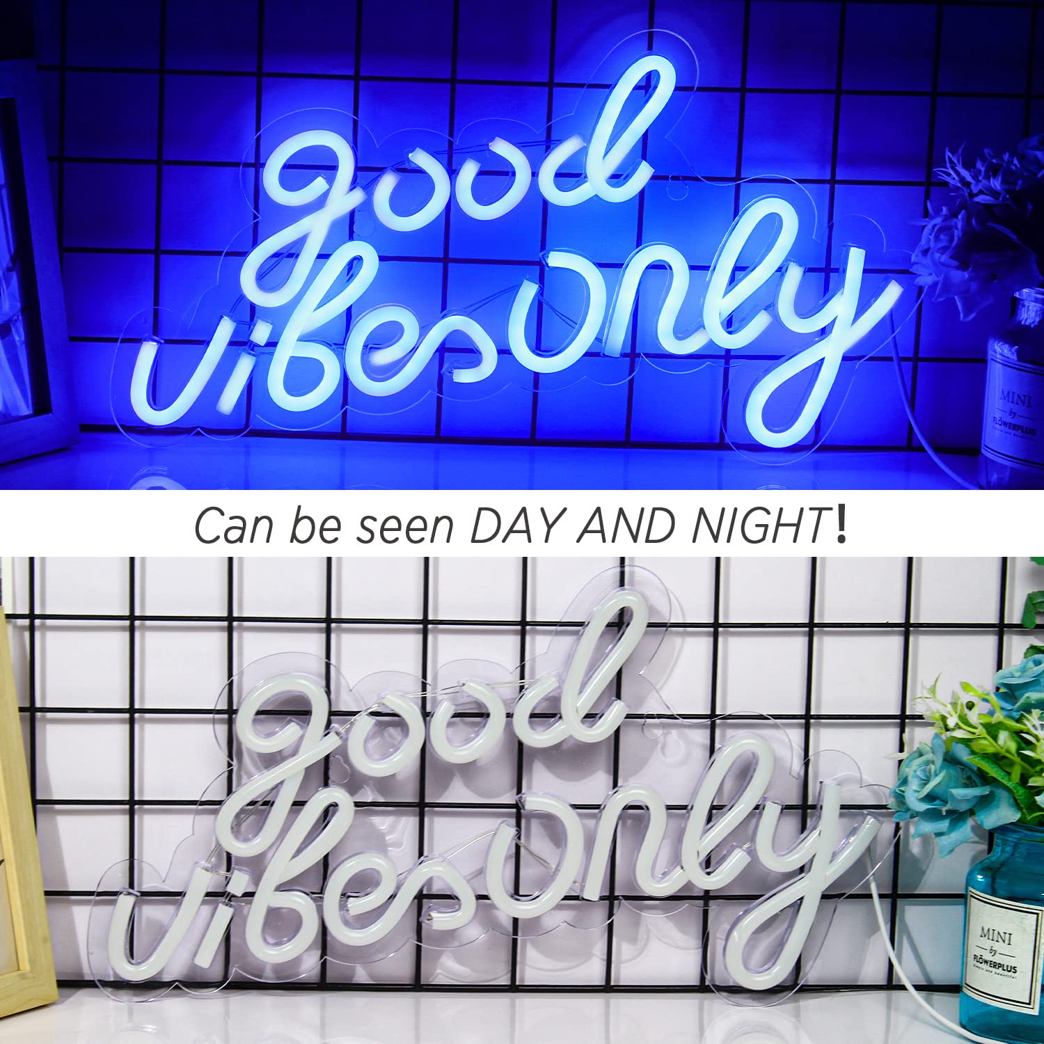 Blue Good Vibes Neon Light, Good Vibes parole insegna al neon, Led Neon Signs for Wall Decor, 7.9*15.9 Insegne luminose per soggiorno Sala giochi Office Cafe Negozio Club di gioco Supply