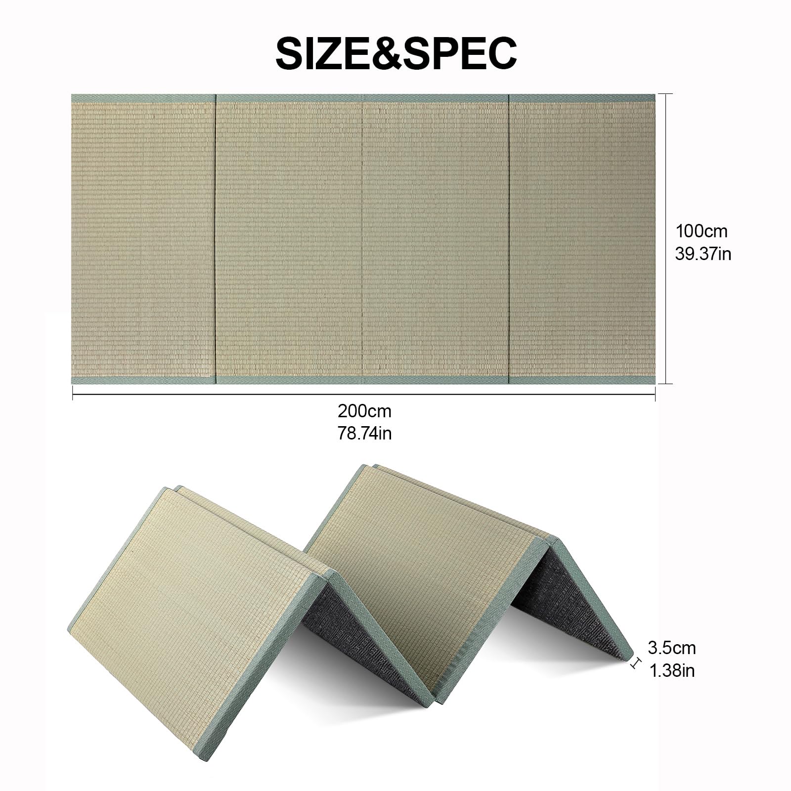 Tatami Japonés, Colchón Futón Plegable de Suelo, Material Natural Igusa, Alfombra para Dormir Meditación, Yoga Zen, Color Verde, Tamaño 100 × 200 × 3.5 cm