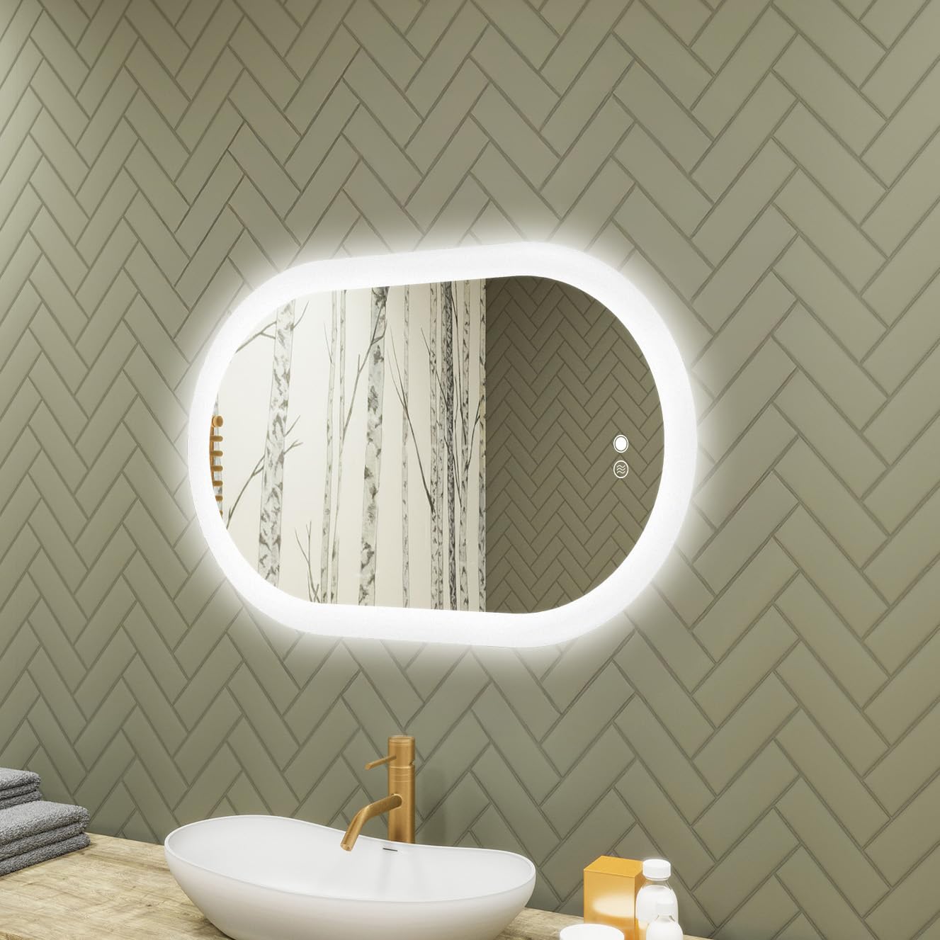 A ARTFORMA Specchio 80x50 cm Oval MCH084X1-SJYA9-80X50, LED, Senza Cornice | Anti-Appannamento, Comando Touch, Parete, Colore della luce regolabile