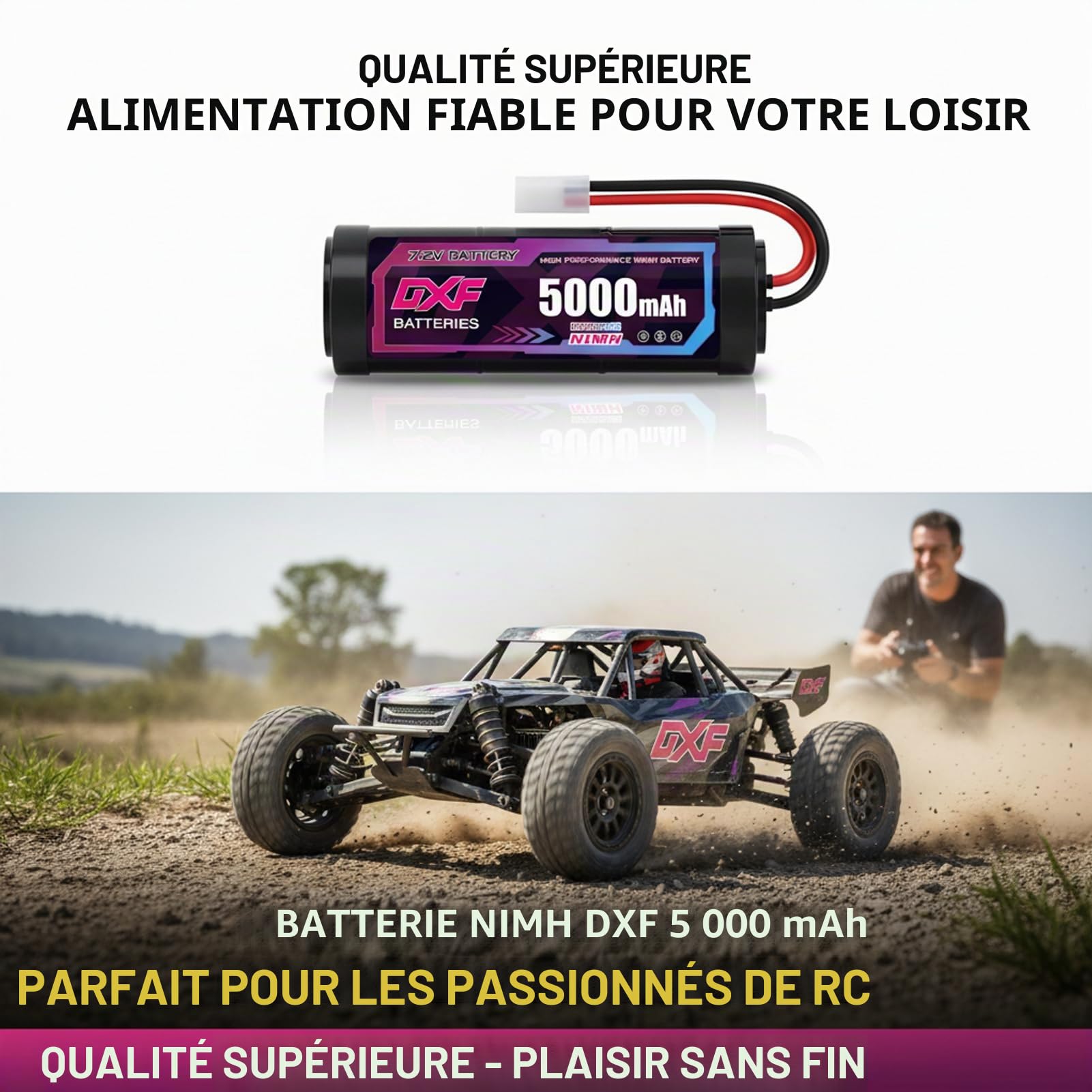 DXF Batterie RC 7,2V 5000mAh NiMH Pack de 2, Accu Rechargeable Connecteur Tamiya pour Voiture Télécommandée 1/10 Buggy Monster Truck, Compatible Bateau Avion Hélicoptère RC, sans Effet Mémoire
