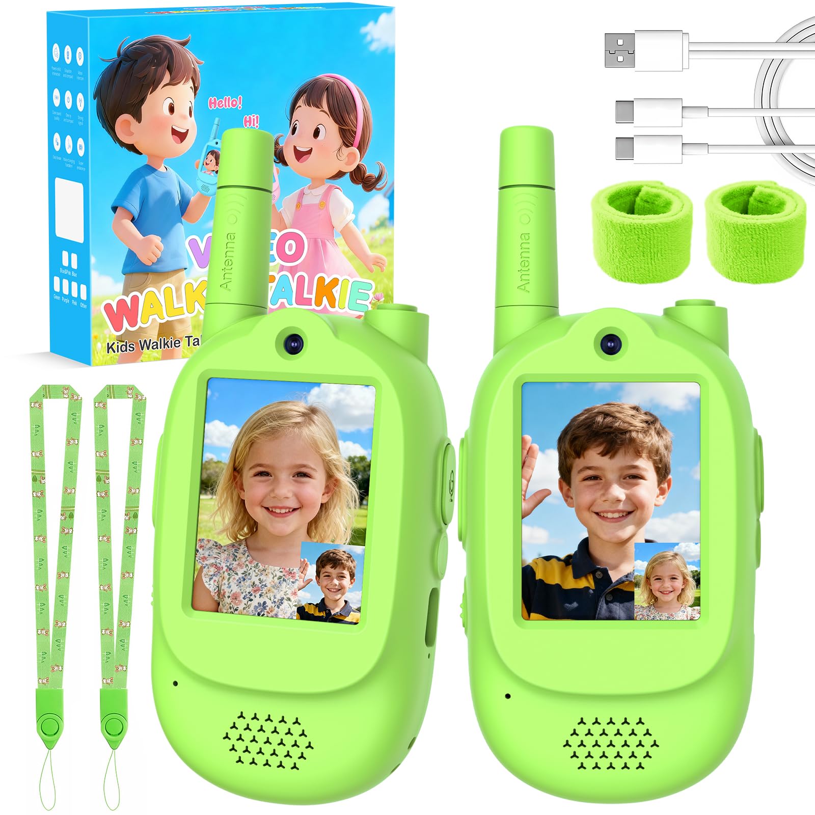 Video Walkie Talkies for Kids, 2 Pack Rechargeable Real-Time Video Chat & Voice Changer Walkies Talkies with Watch Straps, Long Range Family Games,