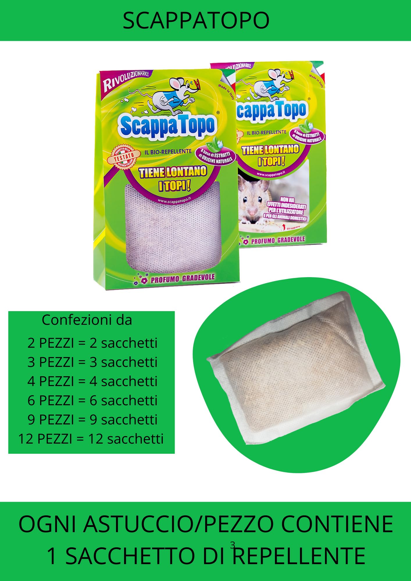 SCAPPATOPO IL BIO-REPELLENTE – Repellente Topi Naturale Forte – Dissuasore per Topi Ecologico – Alternativa a Trappola per Topi e Ultrasuoni per Topi – Confezione da 6 Pezzi da 50g