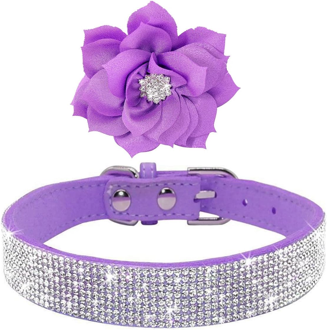 Cute Dazzling Sparkling Elegant Fancy Soft Suede Leather Bling Rhinestone Crystal Jeweled Pet Cat Dog Puppy Collar Dog Leash Combo Set (L(Neck 15-18"), Purple-6)