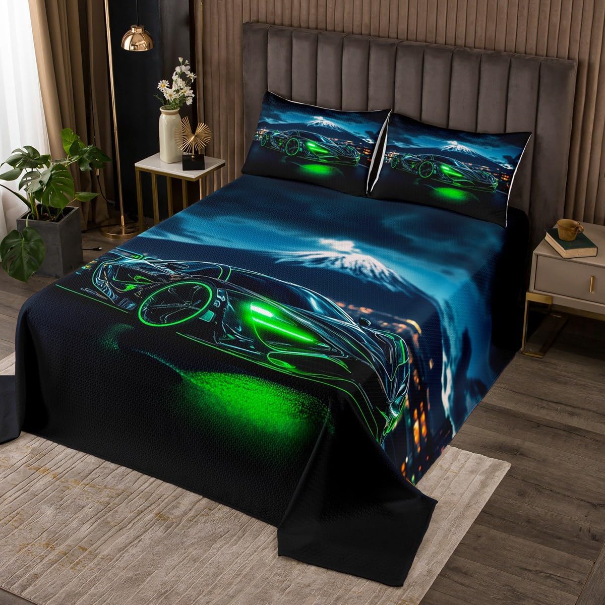 Erosebridal Green Race Car Bedspread Set Twin Size for Boys,3D Emerald Green Racing Car Coverlet Set for Kids Teen,Cool Speed Cars Bed Sets for Men Adults Extreme Sports Gaming Decor