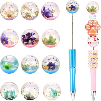 12Pcs Cute Dried Flower Pen Cap Beads for Beadable Pens Colorful Half-Hole Focal Beads for DIY Craft Bracelet Necklace Earrings Keychain Jewelry Making