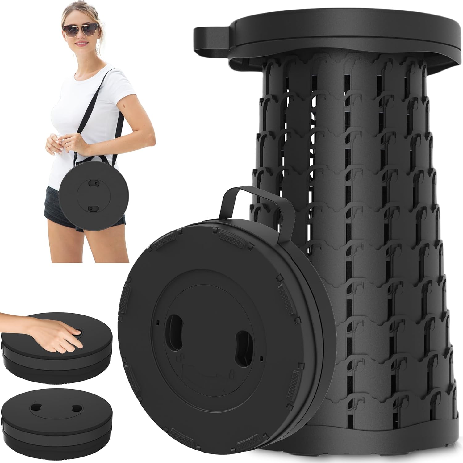 Upgraded XXL Taller 19.7" Wider 11.8" Collapsible Stool with Cushion,Adjustable Seat with Load Capacity 1000lbs, More Taller&Wider Portable Retractable Stool for Adults Camping Fishing Hiking BBQ