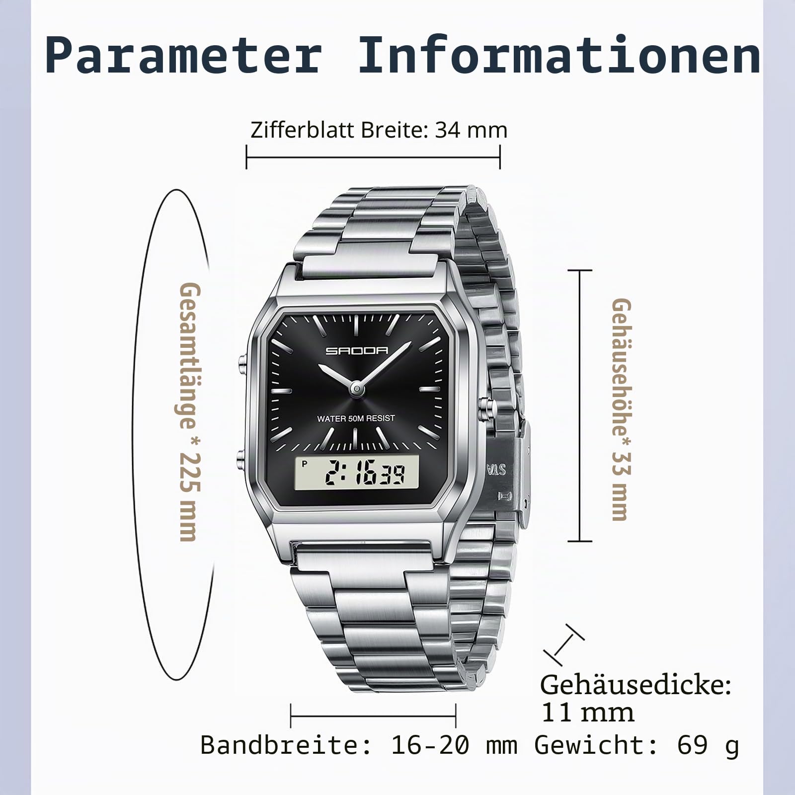 findtime Uhren Damen Herren Retro Business Klassische Quadratische Armbanduhr Edelstahlarmband Analog Digital 5ATM Wasserdicht LED Datum Wochentag DREI Zeitzonen Luxus Uhr