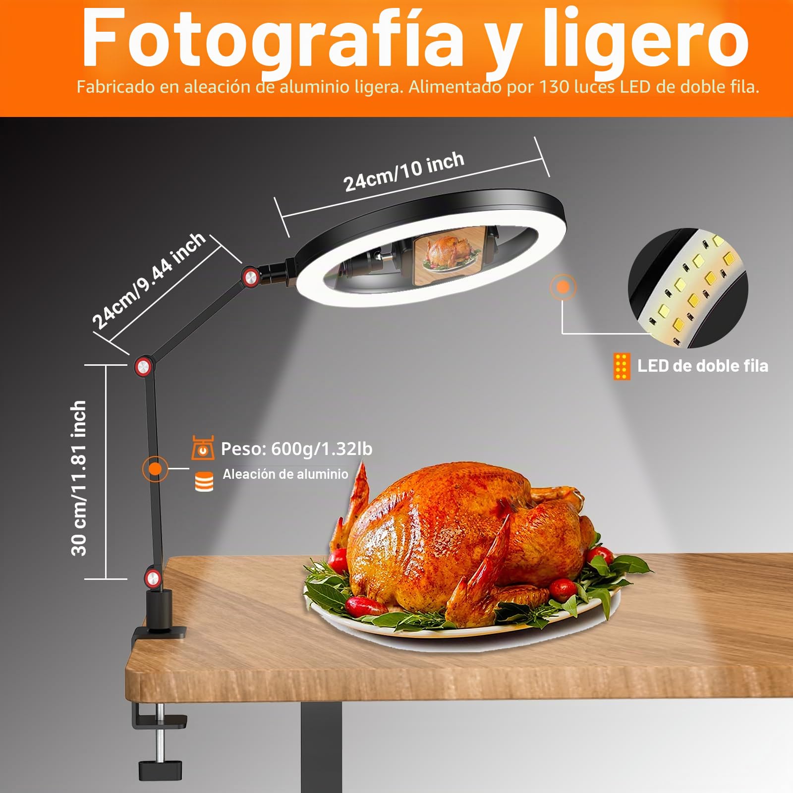 APEXEL Anillo de luz de 10 pulgadas con soporte y soporte para teléfono, luz LED USB para escritorio, trípode con brazo de escritorio ajustable para fotografía, transmisión en directo, YouTube, TikTok