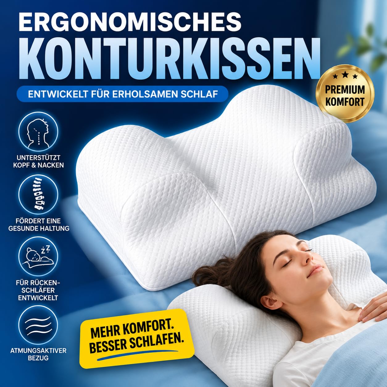 RelaxSleep Rückenschläferkissen Premium, ergonomisches Anti-Falten Kissen für stabile Rückenlage, nach Haartransplantation, Nasen-OP, Brust-OP, Botox & Beauty