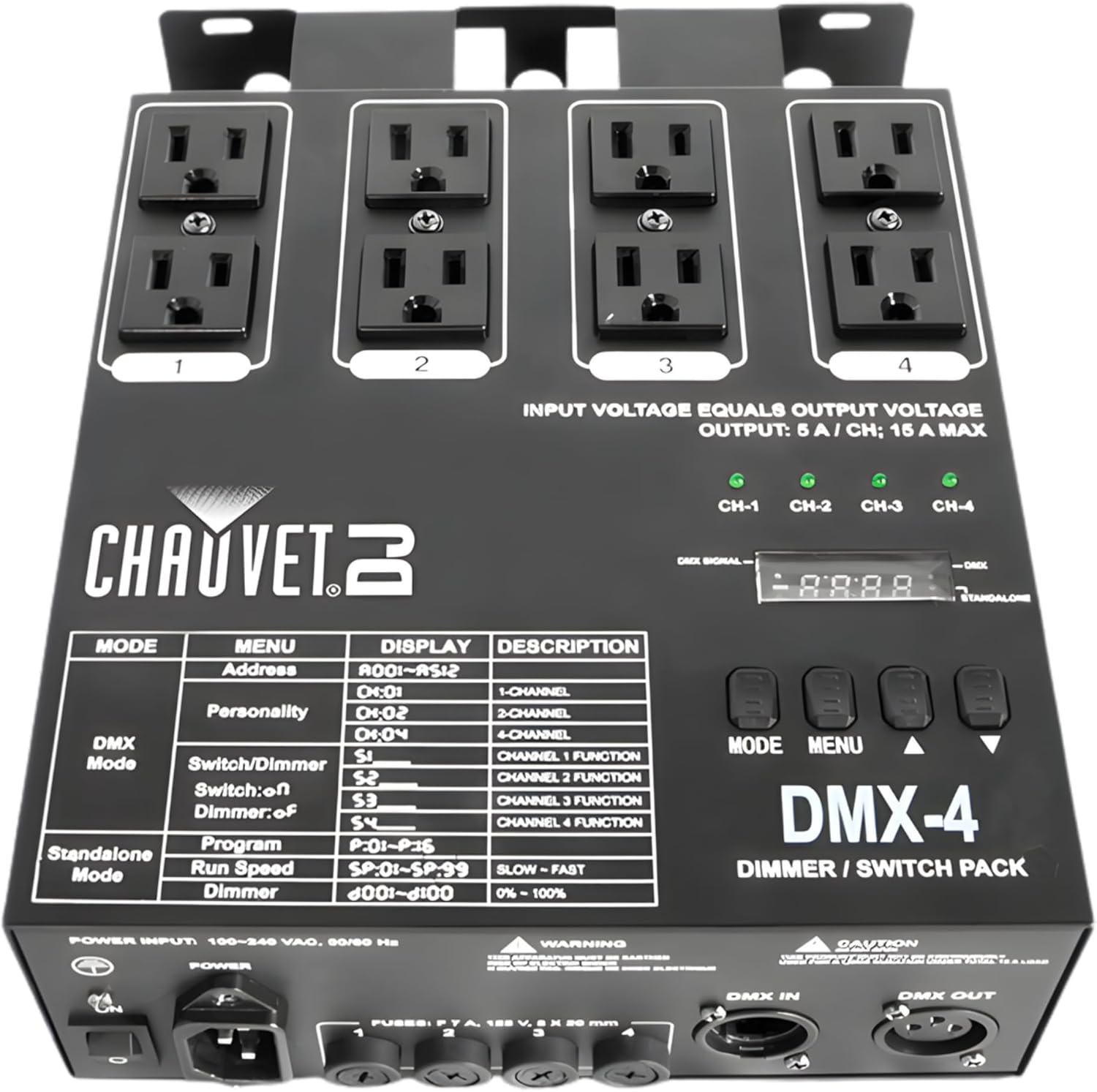 CHAUVET DJ – DMX-4 Dimmer Relay Pack | Four-Channel DMX-512 Controller for Non-DMX Fixtures | Variable Electronic Dimming, Independent Addressing, Built-In Chase Patterns | LED Lighting Control