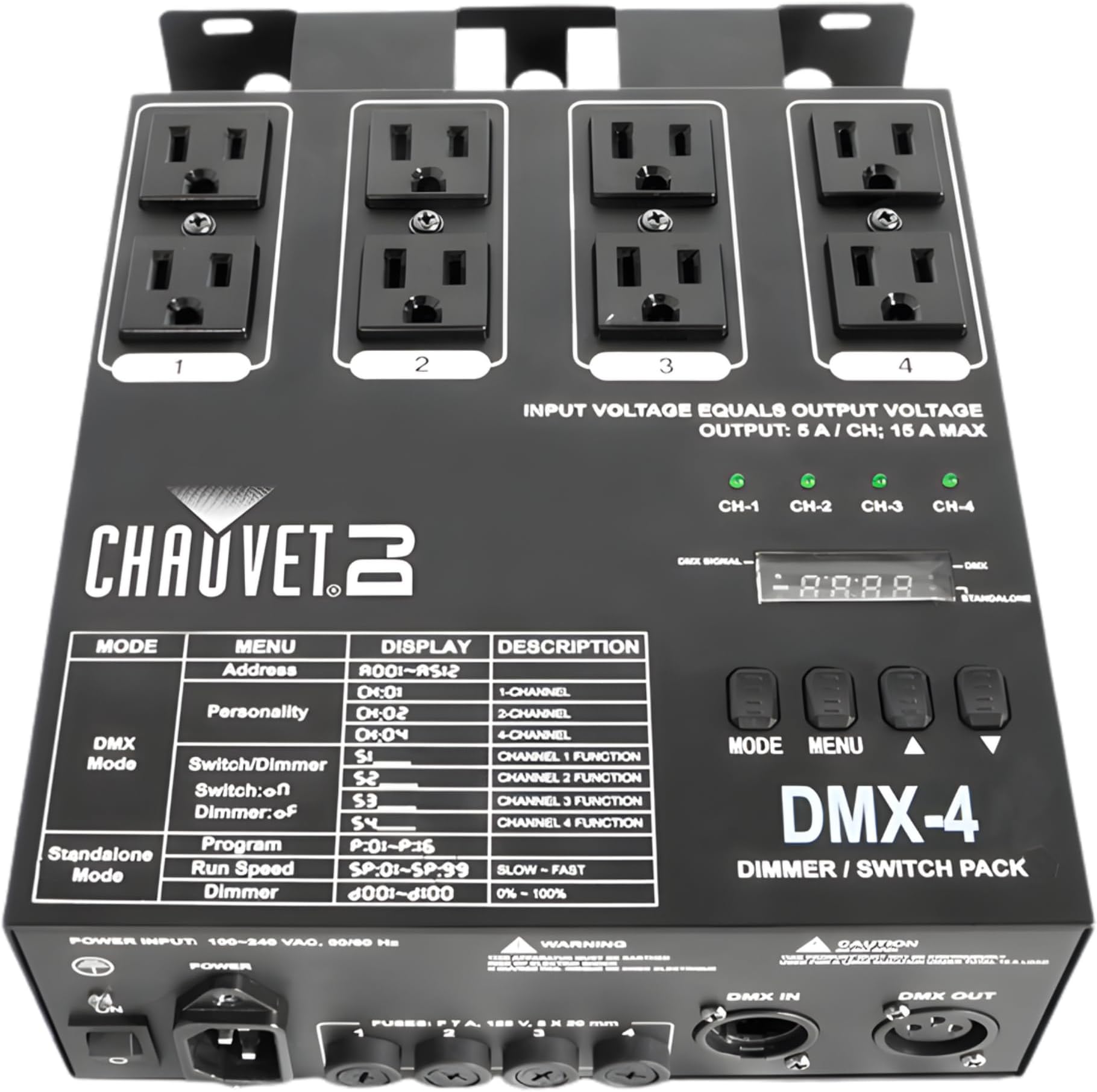 DMX-4 Dimmer Relay Pack | Four-Channel DMX-512 Controller for Non-DMX Fixtures | Variable Electronic Dimming, Independent Addressing, Built-In Chase Patterns | LED Lighting Control