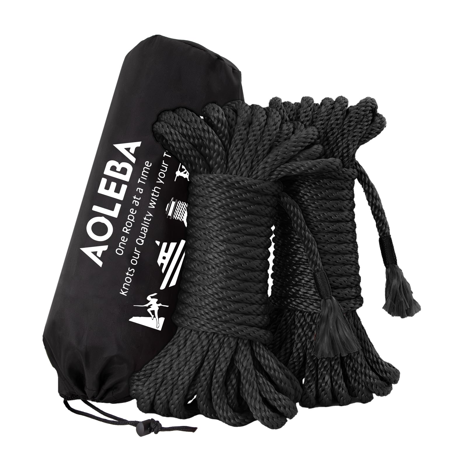 AOLEBA Skin Friendly 8mm Soft Silk Rope Kit for Practice Beginners and Experienced Riggers, Braided Polypropylene Japanese Rope for Simple and Complex Knots, 2 Sets 32 Ft with Dust Bag (Black X2)