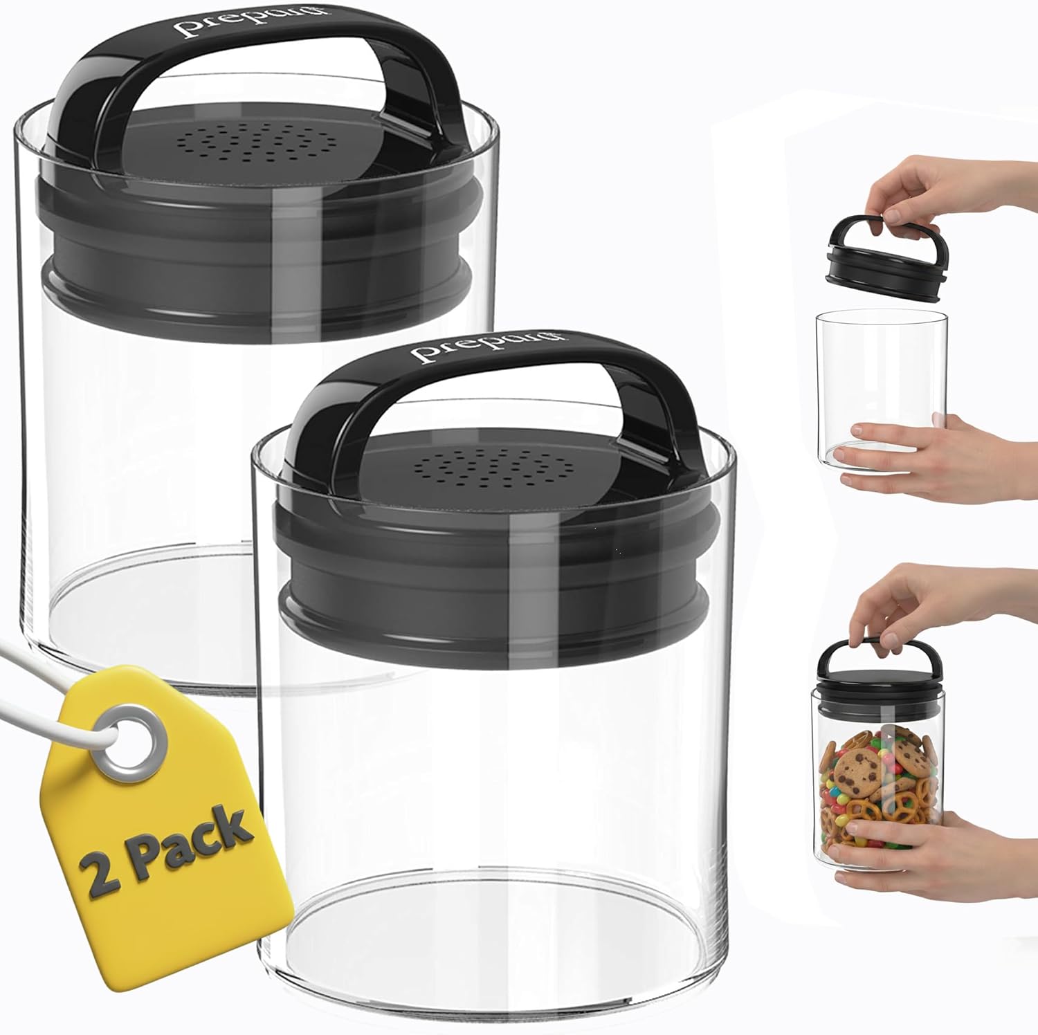 Prepara Evak Fresh Saver Short Airtight Containers, Large - Black Handle with Patented Twin-Valve System, BPA Free Stackable Storage Canisters for Pantry Organization - Dishwasher Safe (2-Pack)