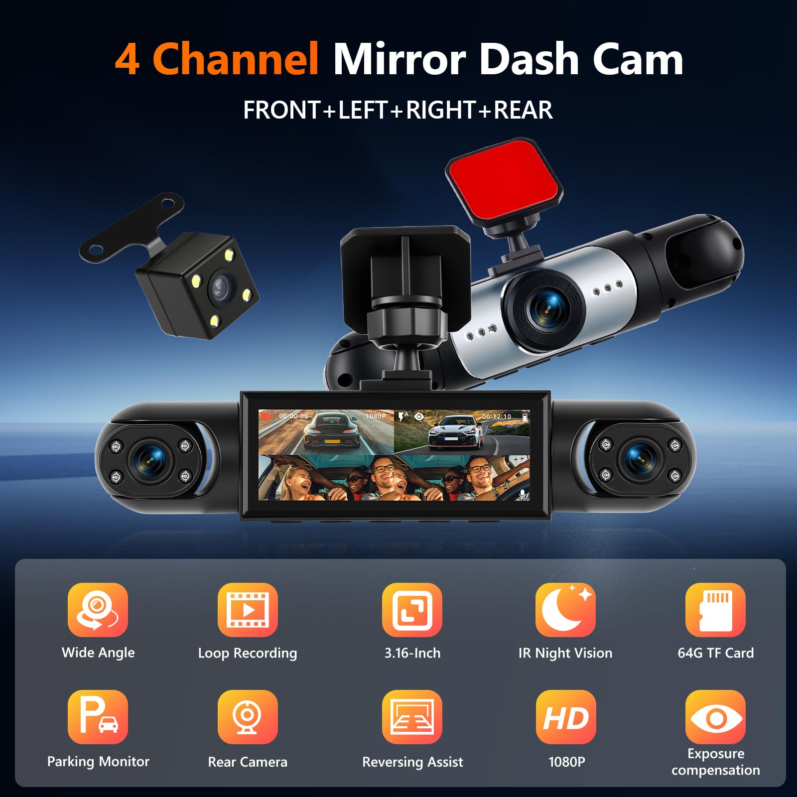 Mirror Dash Cam 4 Channel Front Rear, 3,16" Rückspiegel Kamera mit G-Sensor/Parking Monitoring/Night Vision/24H Parking Mode 360 Grad Schutz+ 64GB Karte