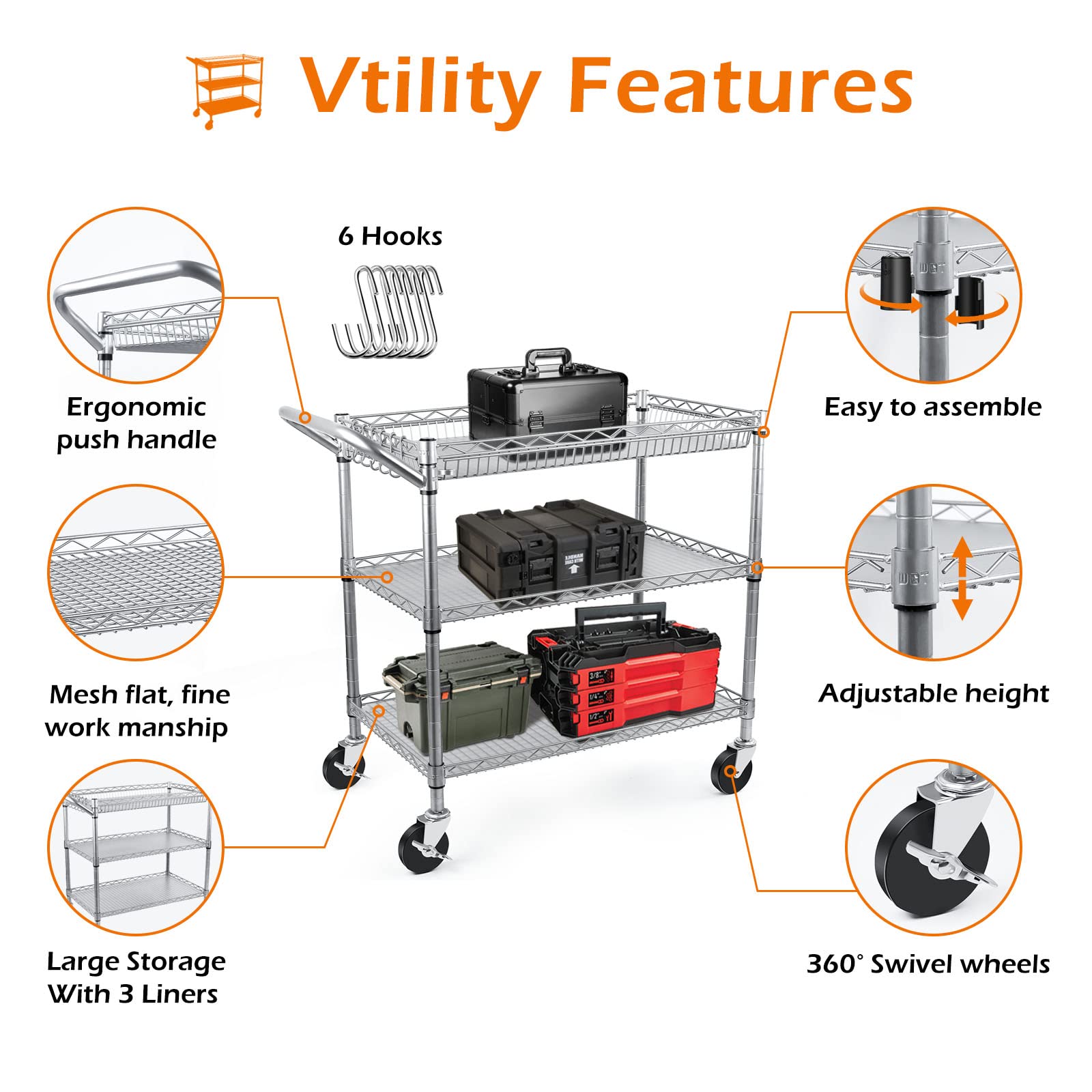 WDT Heavy Duty 3 Tier Rolling Utility Cart, Kitchen Metal Utility Carts with Handle Bar, Utility