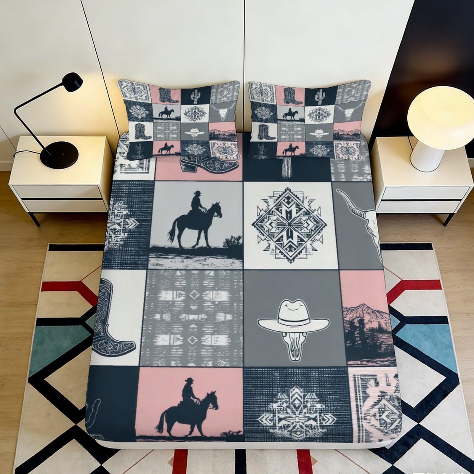 3D Printed Western Cowboy Pattern Fitted Sheet Microfiber Durable Soft 3D Printed Horse Silhouette Bed Cover for Bedroom Dormitory Guest Room 120x200x25cm