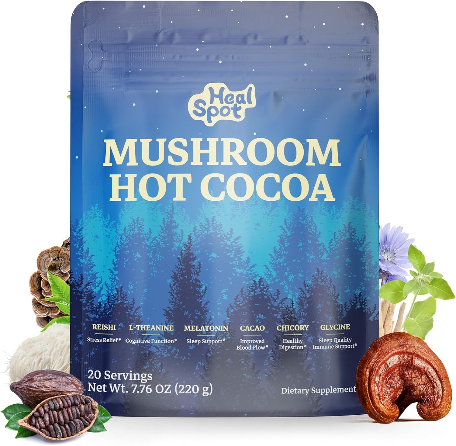 Mushroom Cocoa Sleep Supplement with 6-Mushroom & Adaptogens, Keto Superfood Hot Chocolate with Reishi, Ashwagandha, Melatonin to Support Sleep & Immune Health, Natural Sleep Aid, 7.76 OZ