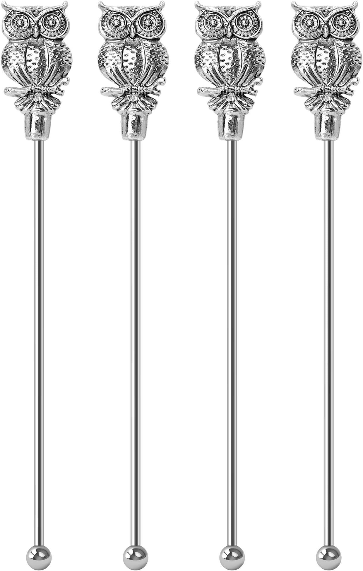 Coffee stirrers Swizzle Sticks Stainless Steel 8" Reusable with Owl Tops Stir Sticks by Homestia Set of 4