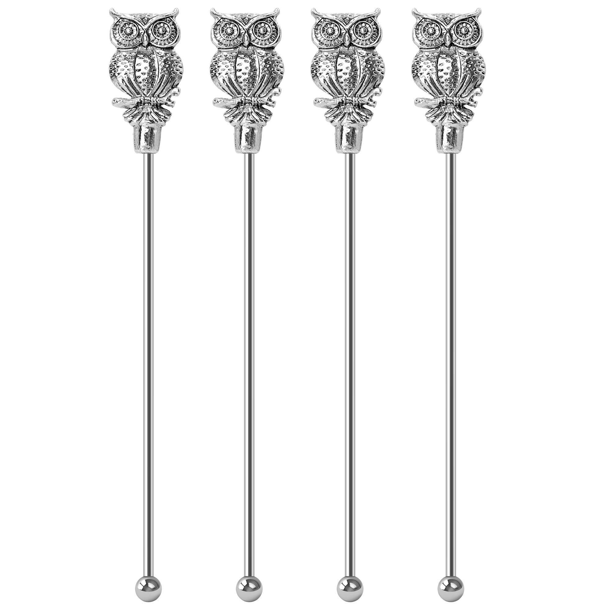 Coffee stirrers Swizzle Sticks Stainless Steel 8" Reusable with Owl Tops Stir Sticks by Homestia Set of 4