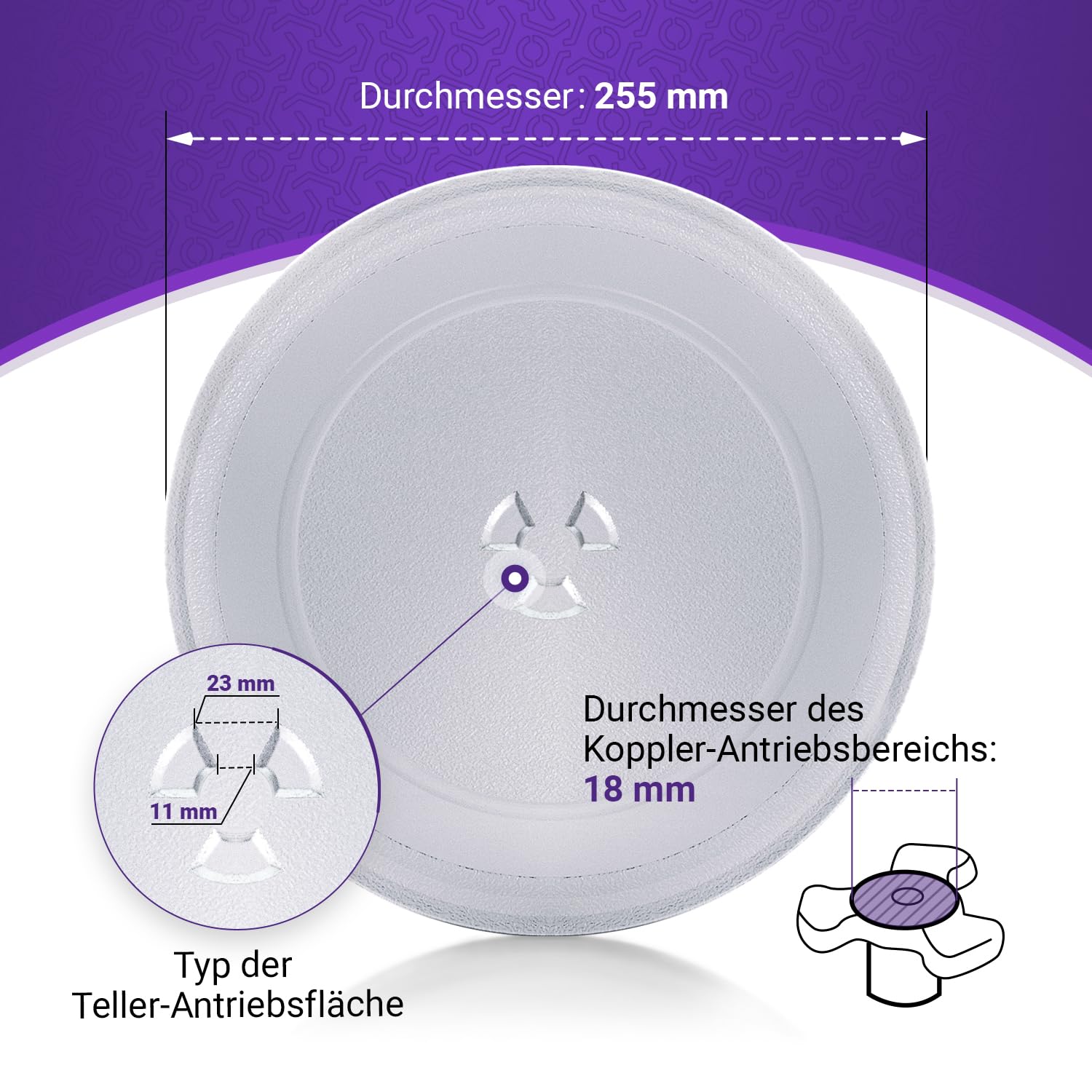 Piatto girevole per forno a microonde Bosch 11002491 Ø 255 mm, piatto girevole di ricambio per forno a microonde, piatto in vetro universale