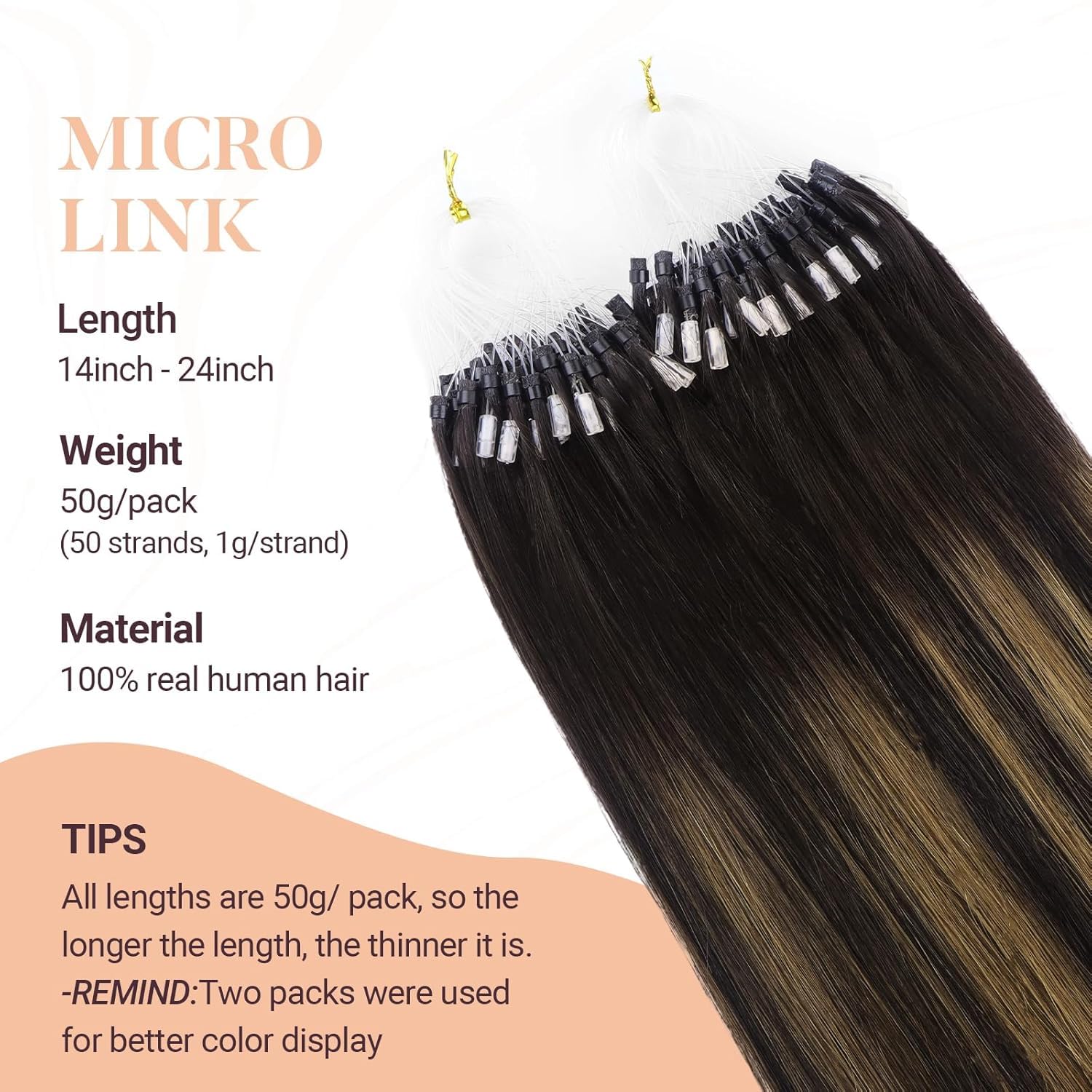 MAXITA Microlink Hair Extensions Human Hair Balayage Dark Brown Mixed Chestnut Brown Micro Bead Hair Extensions Real Human Hair, 50g/50 Strands/Pack, 18 In