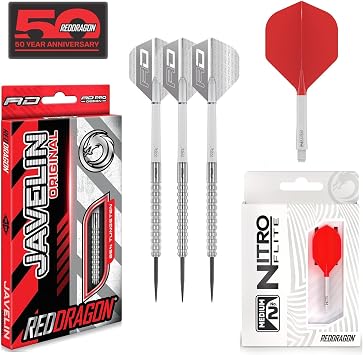 RED DRAGON Javelin Original 24g Steel Tip Darts Bundle 85% Tungsten Professional Darts Set Including White & Red Nitro Flite Integrated Flights & Shafts System