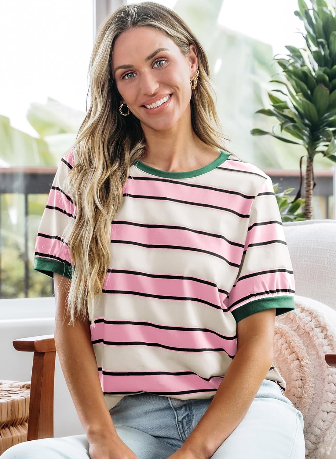 Dokotoo Womens Summer Tops 2026 Striped Color Block Short Sleeve Fashion T-Shirts Crewneck Casual Loose Basic Tee Blouses - Image 6