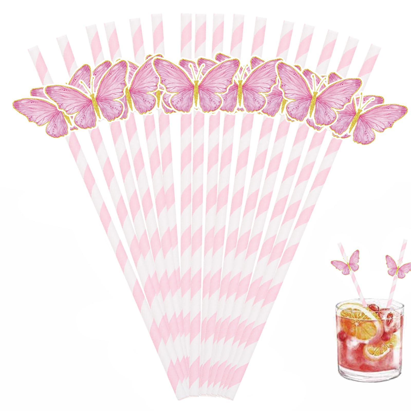 60 Pcs Pink Butterfly Paper Straws Disposable Striped Straws for Cocktail Milkshake Cold Drinks Party Decorations