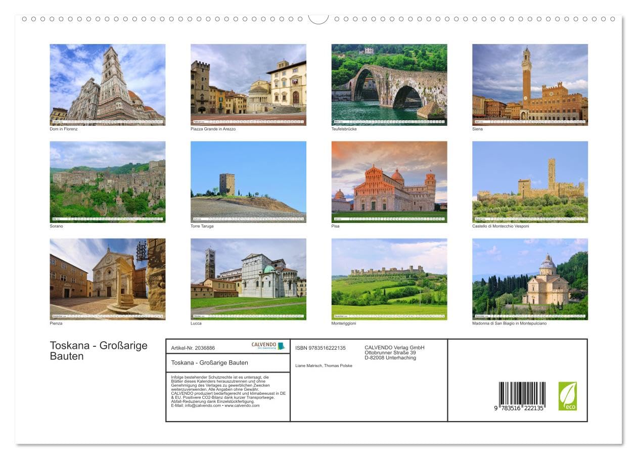 Toskana - Großarige Bauten (hochwertiger Premium Wandkalender 2026 DIN A2 quer), Kunstdruck in Hochglanz: Dieser Kalender zeigt bedeutende Bauwerke in der Toskana. (CALVENDO Orte)