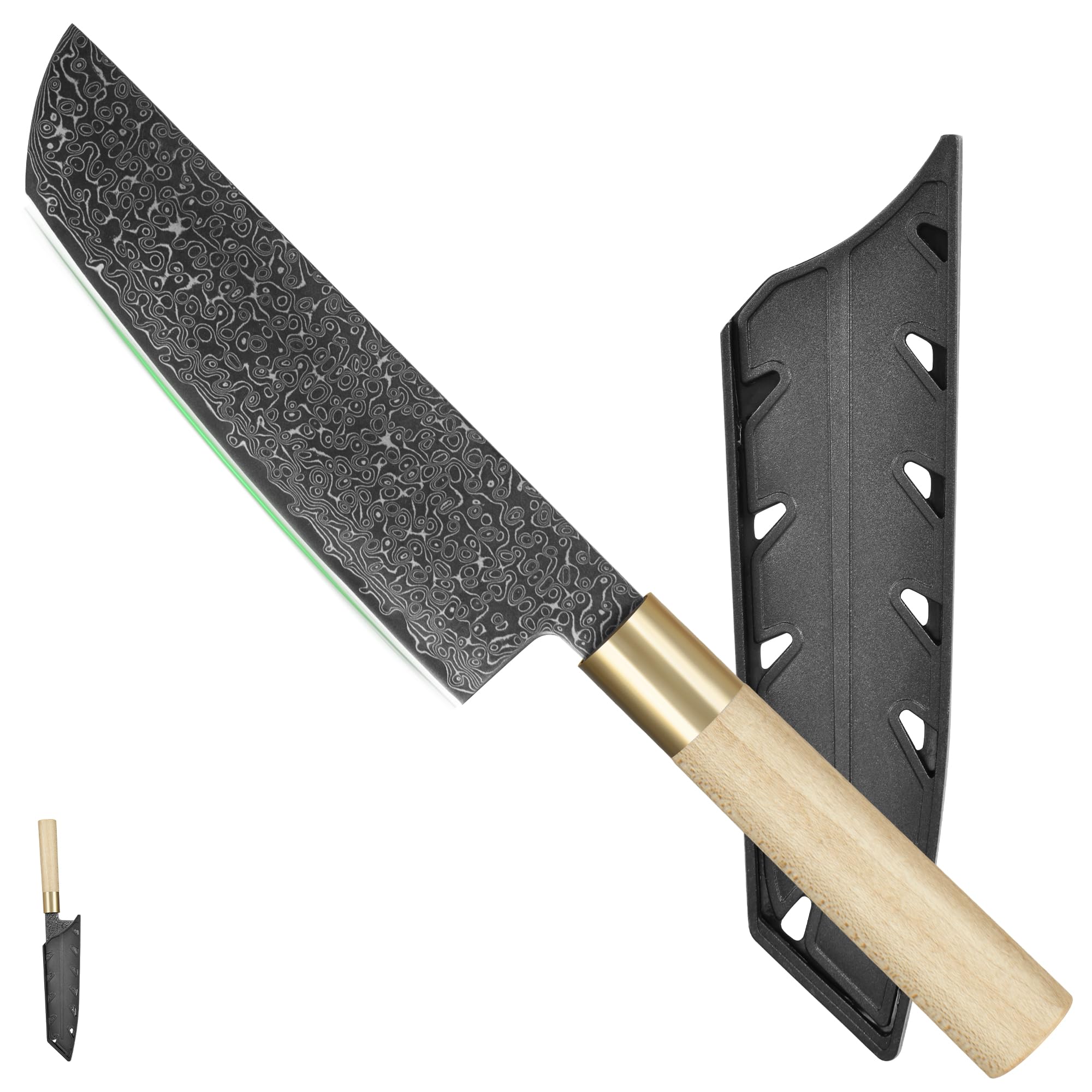 FULLHI Japanisches Messer Schwarzer Damaszener Stahl mit Scheide, Holzgriff Gyutou sashimi Kochmesser Küchenmesser mit Box für Mann Frauen Geschenk (Nakiri-Messer)