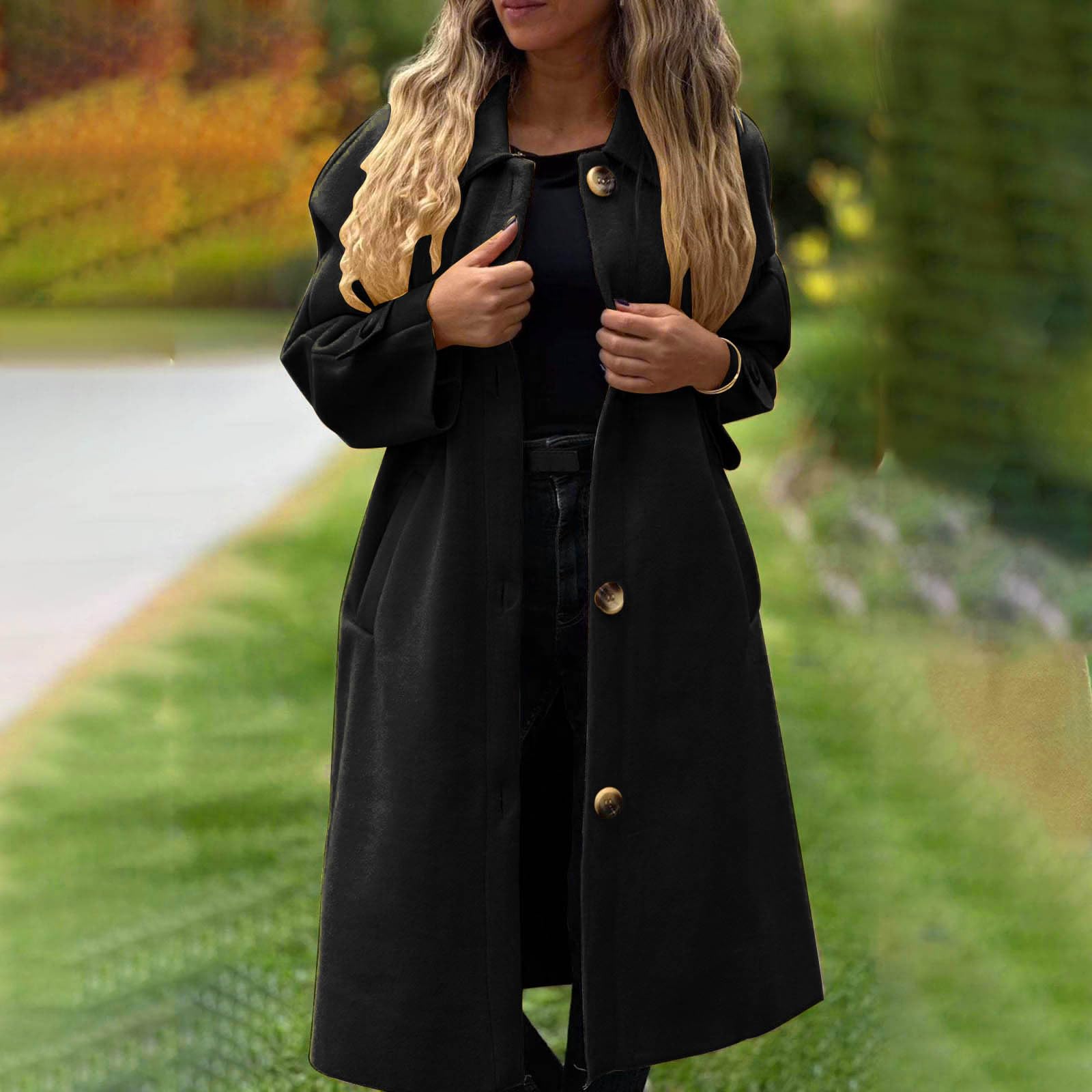 Manteau Femme en Laine Long Hiver Chaud Chic Mi-Long Trench Veste d'hiver pour Femme élégante à Revers Manteau en Laine Longueur Moyenne Veste Mi-Saison Couleur Unie Manteau Coupe-Vent Idee Cadeau
