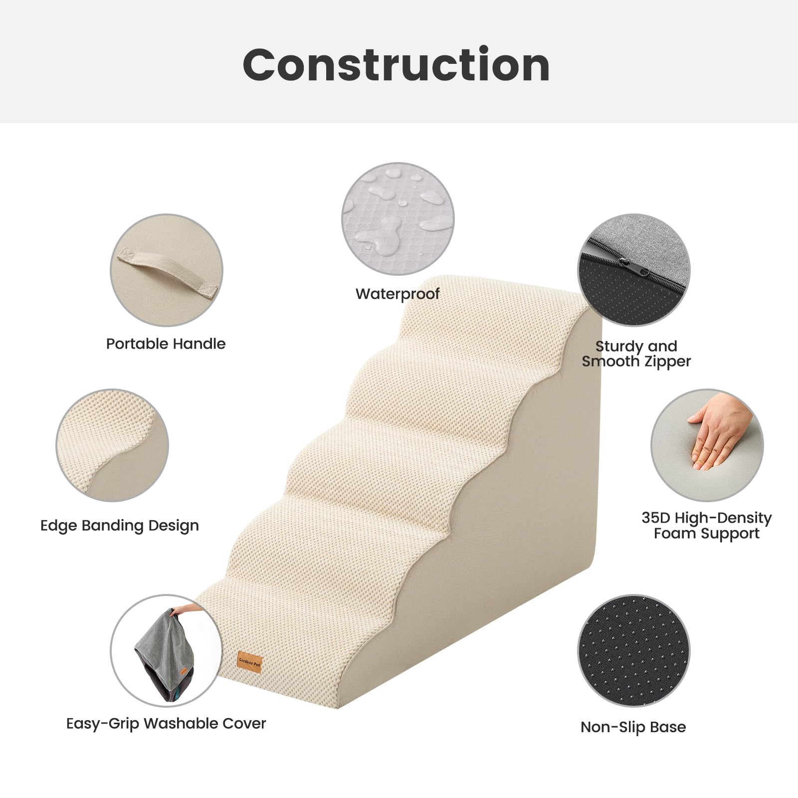 Gardner Pet Scala per Cani Piccoli 58cm, 5 Gradini, Rampina in Schiuma con Rivestimento Antiscivolo e Impermeabile per Letto, Divano e Auto, Beige